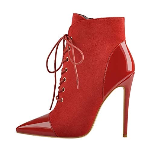 Richealnana Women's Pointed Toe Lace-Up Stilettos Ankle Boots — Red