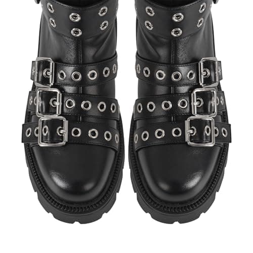 Richealnana Women's Combat Knee High Boots with Lug Sole and Gothic Buckles