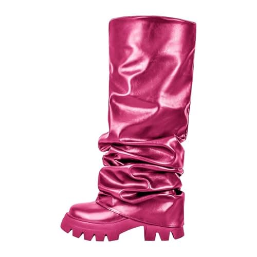 Richealnini Women's Metallic Knee High Pull-On Slouch Heels — Peach