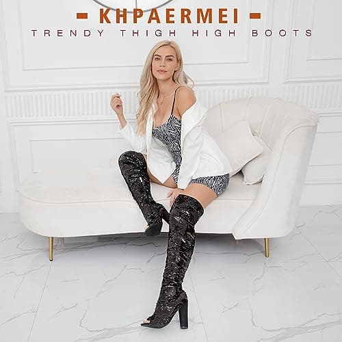 KHPAERMEI Sparkly Women's Over-The-Knee Sequin Boots for Party Prom