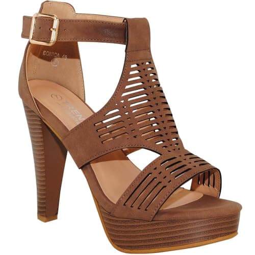 TRENDSUP Open Toe Ankle Strap Stacked Heel Sandal — Brown Nb
