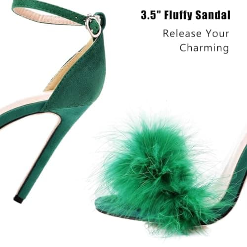 JOEupin Women's Fluffy Marabou Heel Strappy Sandals with Fur