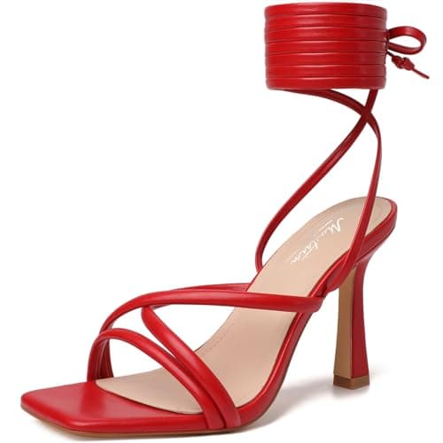 Mostrin Women's Strappy Heels Lace Up Square Toe High Heeled Sandals for Prom, Party & Daily Wear — Red