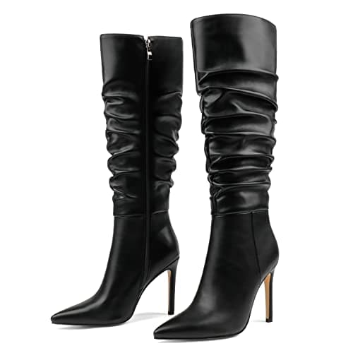 COLETER Women's Knee High Stiletto Buckle Dress Boots with Slouch Zipper
