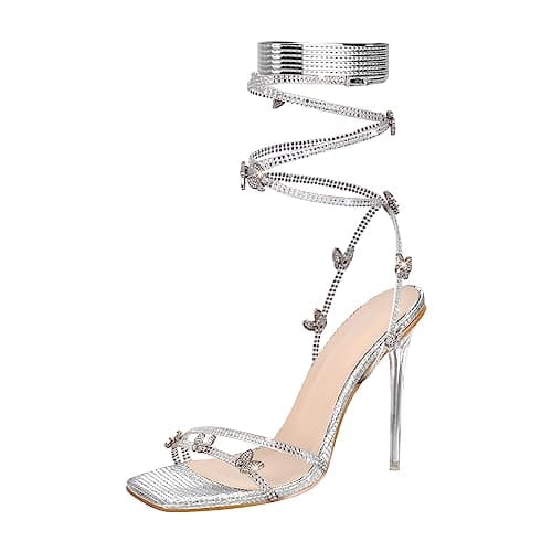 LISHAN Women's Rhinestone Studded Gladiator Lace-Up Clear High Heels