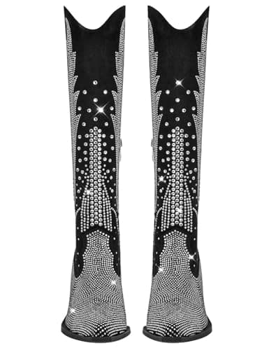 RONILURN Women's Black Knee High Cowboy Boot with Rhinestone Bling