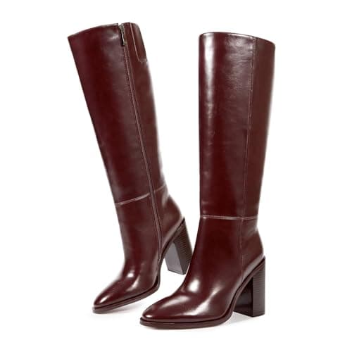 ISNOM Knee High Chunky Heel Zipper Boots for Tall Women