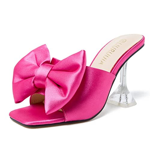 LIURUIJIA Women's Bow Heels Mules Slip-On Wedding Shoes — Hot Pink