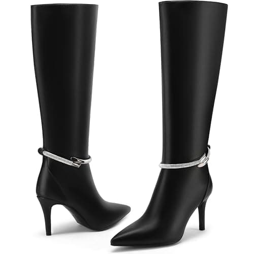 FINDVELL Women's Sparkly Rhinestone Knee High Stiletto Boots with Zipper
