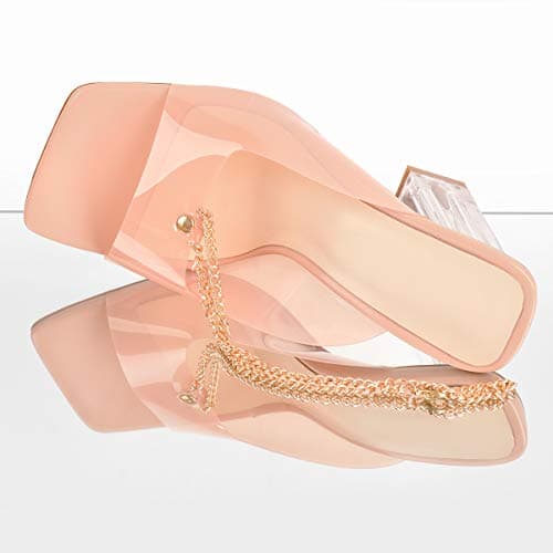 Richealnana Women's Square Toe Clear Block Heel Chain Sandals