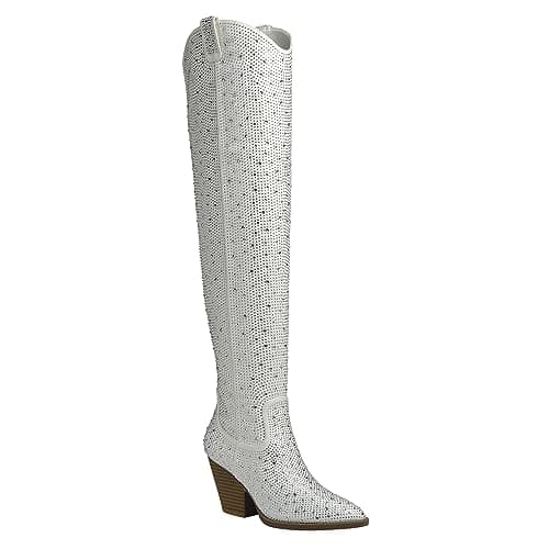 ABSOLEX Women's Western Cowgirl Rhinestone Mid-Calf Boots — White