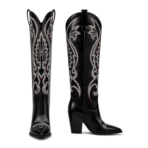 ISNOM Women's Cowboy Knee High Boot with Embroidered Pointed Toe