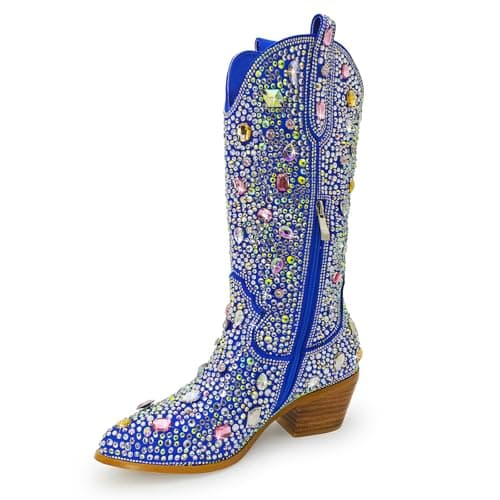KEEISEA Women's Sparkle Rhinestone Cowboy Boots Wide Glitter Fashion Party