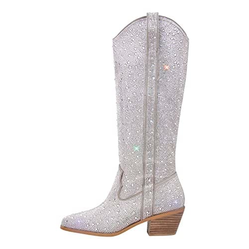 Richealnana Women's Rhinestone Zipper Block Heel Boots — Silver