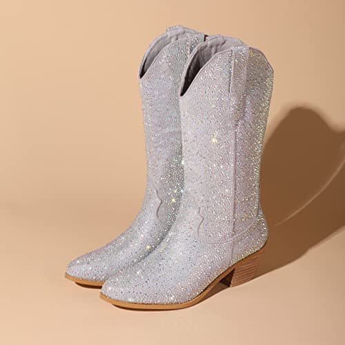 Atuelang Women's Sparkly Rhinestone Knee High Cowboy Boots