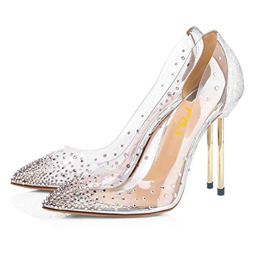 FSJ Women's Studded Pointed Toe Transparent High Heels with Bowknot US 4-15 M