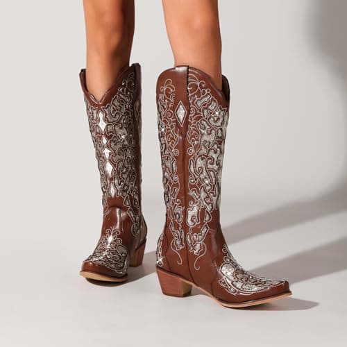 LingxiaUne Women's Sparkly Rhinestone Cowboy Boots Trendy Vintage Glitter Heel