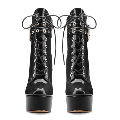 Womens Aachcol Stiletto Heel Platform Ankle Boots Patent Leather Zipper Buckle