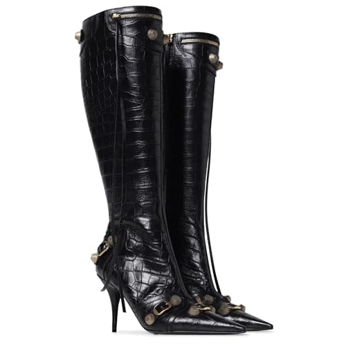 VOMIRA Pointed Toe Rivets Tassels Knee High Stilettos for Women — 1 Blackstonepattern