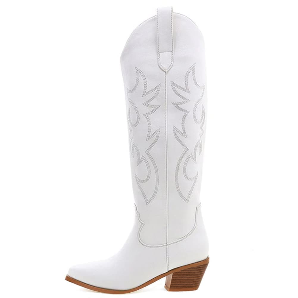 Erocalli White Embroidered Cowboy Boot for Women Knee High Heeled Pull-On