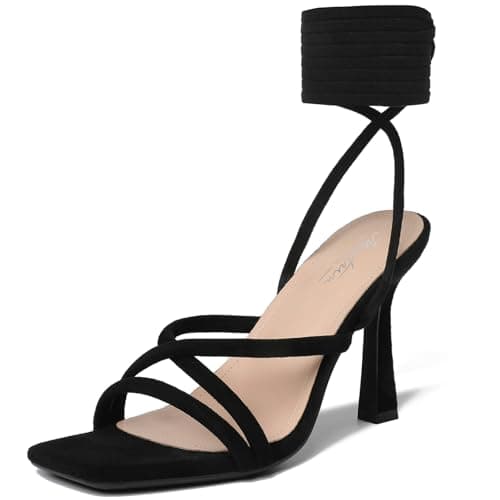 Mostrin Women's Strappy Heels Lace Up Square Toe High Heeled Sandals for Prom, Party & Daily Wear — Black Suede