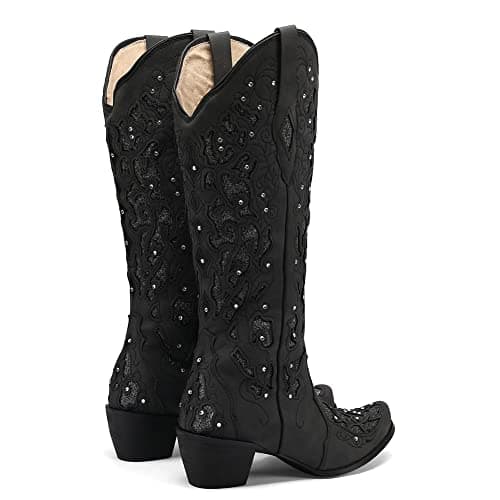 SaraIris Black Cowgirl Booties for Women Knee High Rhinestones