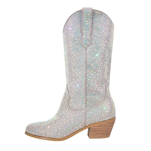 Richealnana Women's Rhinestone Slip-On Block Heel Boots