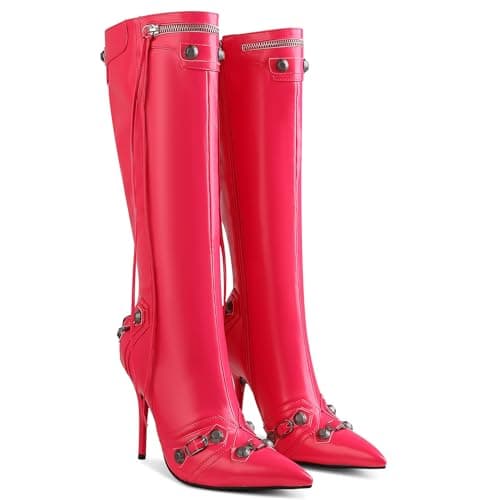 VOMIRA Pointed Toe Rivets Tassels Knee High Stilettos for Women — 1rose Red