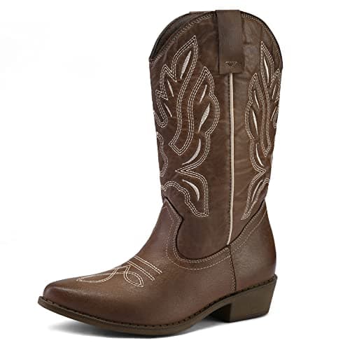 Mysoft Women's Cowboy Boots Embroidered Mid-Calf Pointed Toe — Brown