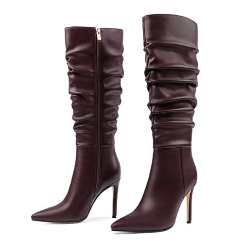 COLETER Women's Knee High Stiletto Buckle Dress Boots with Slouch Zipper — Burgundy Slouchy