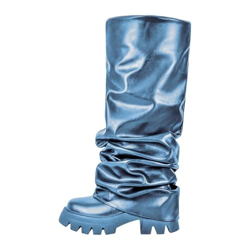 Richealnini Women's Metallic Knee High Pull-On Slouch Heels — Blue