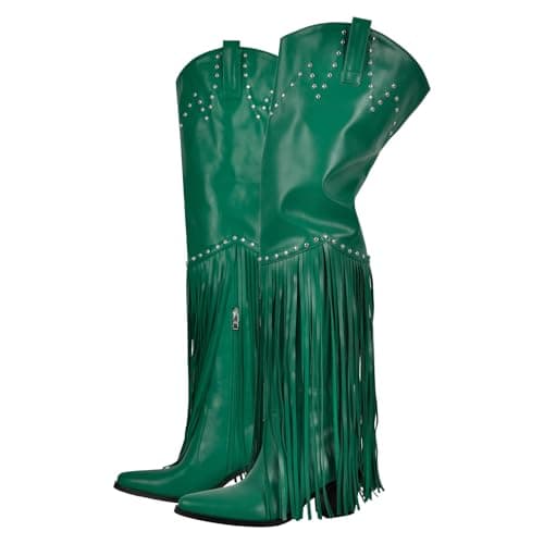 Richealnini Fringe Thigh High Zip-Up Western Boots — Green