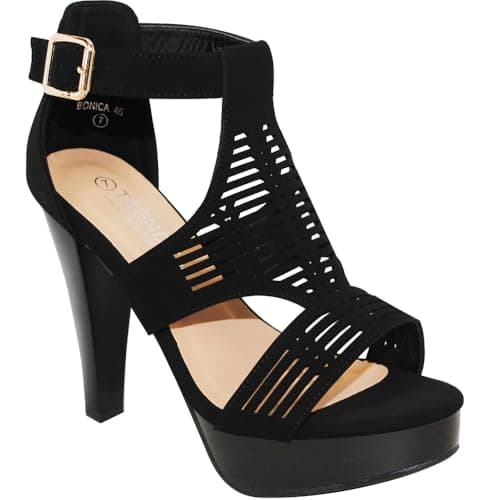 TRENDSUP Open Toe Ankle Strap Stacked Heel Sandal — Black Nb