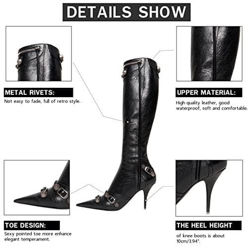 VOMIRA Pointed Toe Rivets Tassels Knee High Stilettos for Women