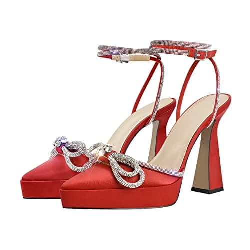 Richealnana Women's Platform Bowknot Stiletto Heel Sandals for Party Prom — Red