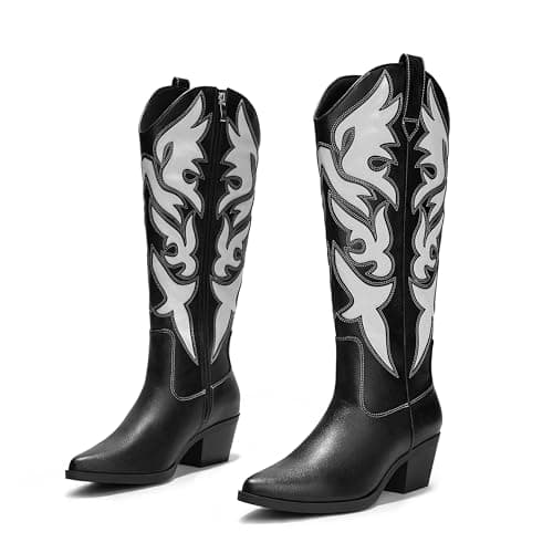 Comfortable Women's Arromic Embroidered Knee High Western Cowgirl Boots — Black/Off White