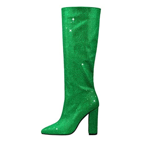 Richealnana Women's Rhinestone Block Heel Knee-High Boots — Green