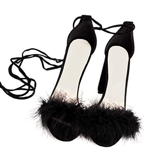 Richealnana Women's Fuzzy Cozy Strappy Feather Heeled Sandals