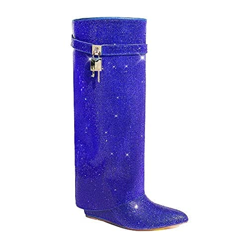 MUTTO-1 Women's Rhinestone Knee-High Fold-Over Wedge Heel Boots — Blue Rhinestone