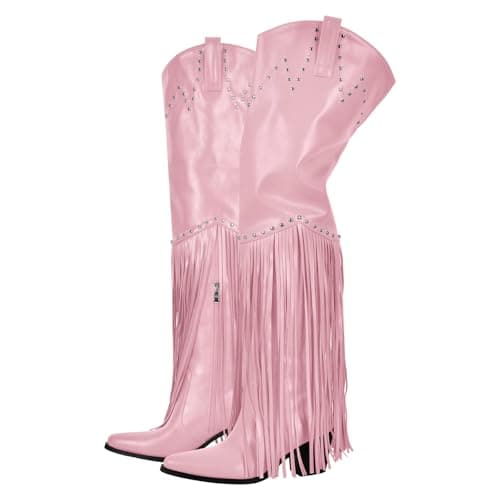 Richealnini Fringe Thigh High Zip-Up Western Boots — Pink