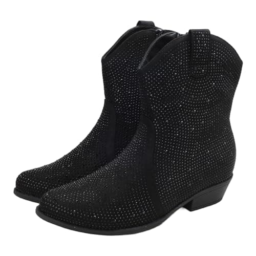PEPPEP Collection Western Cowgirl Boots for Women, Vegan Leather, Embroidered Mid Calf Heel — Black Rhinestone