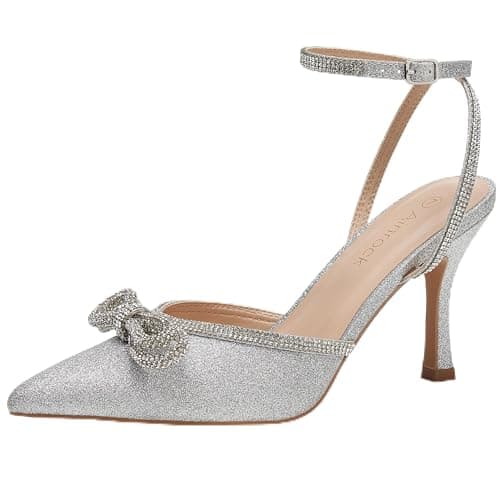 Ainrock Women's Sparkly Rhinestone Wedding Heeled Pumps for Bridal Dress — Silver