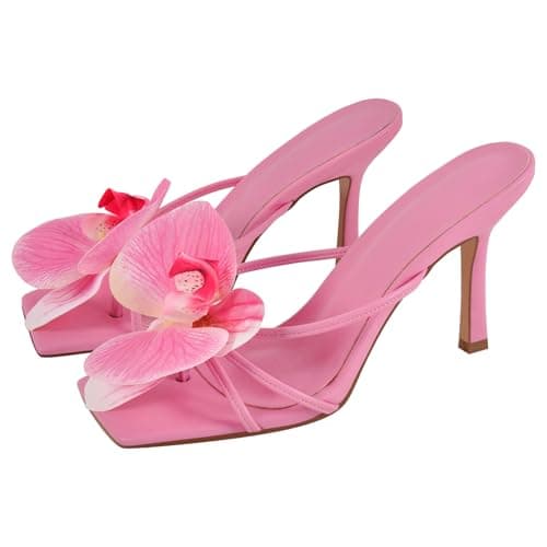 Richealnana Women's Clear Square Toe Stiletto Heel Slip-On Mules — Pink Flower B