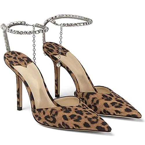 LauraVicci Women's Crystal Chain Heeled Sandals with Rhinestones Buckle Satin Shoes — Leopard
