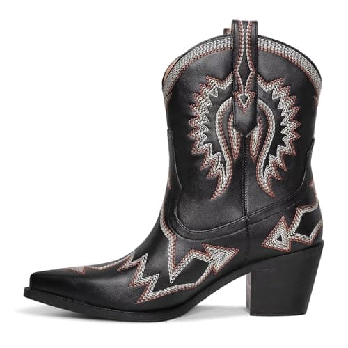 Western Metallic Embroidered Boots for Women - HOCHFART Wide Calf Heel Pull-OnCowgirl — Black