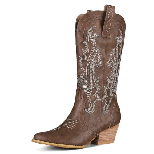 FemFlame Women's Pointed Toe Mid Calf Cowboy Boots — Brown