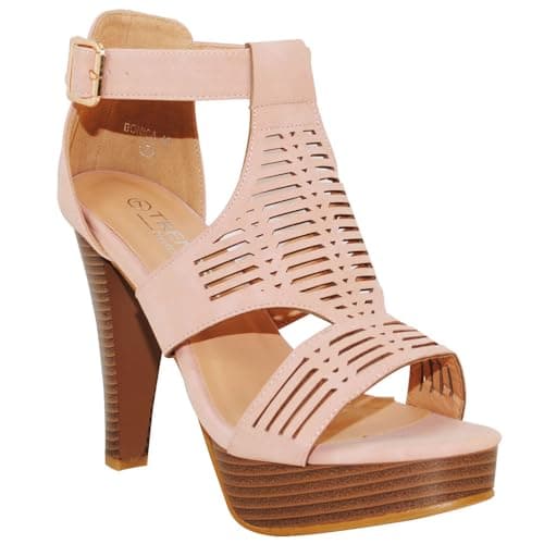TRENDSUP Open Toe Ankle Strap Stacked Heel Sandal — Blush Nb