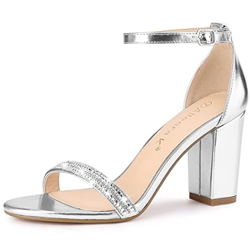 Allegra K Women's Rhinestone Ankle Strap Chunky Heels