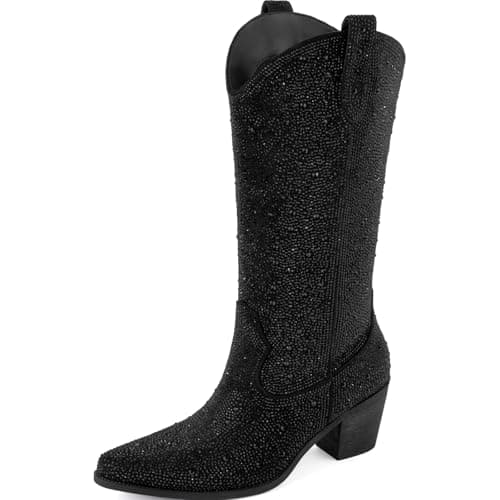 MissMiller Women's Sparkly Rhinestone Mid-Calf Cowboy Boots with Pull-On Tabs — Sparkly Black Zipper