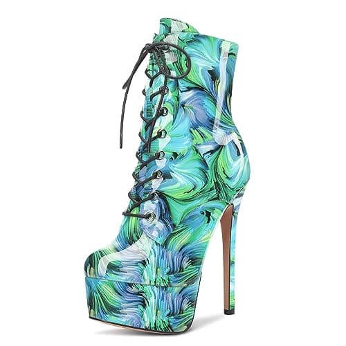 Castamere Women's High Heel Lace-Up Ankle Boots With Zipper Stiletto Heels 6 Inches — Green Water Wave